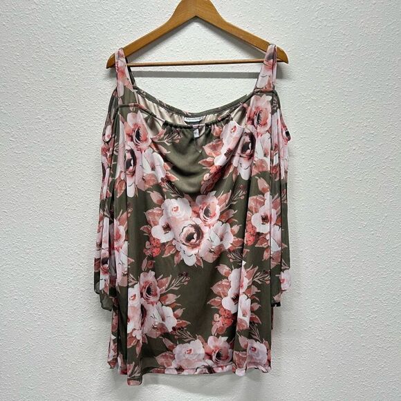 Catherine’s Pink Mesh Floral Cold Shoulder Keyhole Top Women’s Plus Size 5X - Picture 1 of 12
